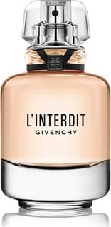 Flacon perfum GIVENCHY L'Interdit Woda Perfumowana w eleganckiej butelce z czarno-białym opakowaniem marki Givenchy na białym tle