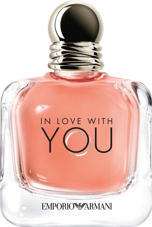 Flacon perfum Giorgio Armani In Love With You woda perfumowana 50ml na białym tle - eleganckie perfumy damskie w różowym opakowaniu marki Armani