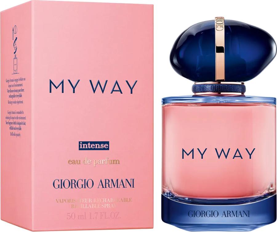 Flakon perfum ARMANI My Way Intense woda perfumowana w błękitno-różowej tonacji z eleganckim designem i systemem wielokrotnego napełniania
