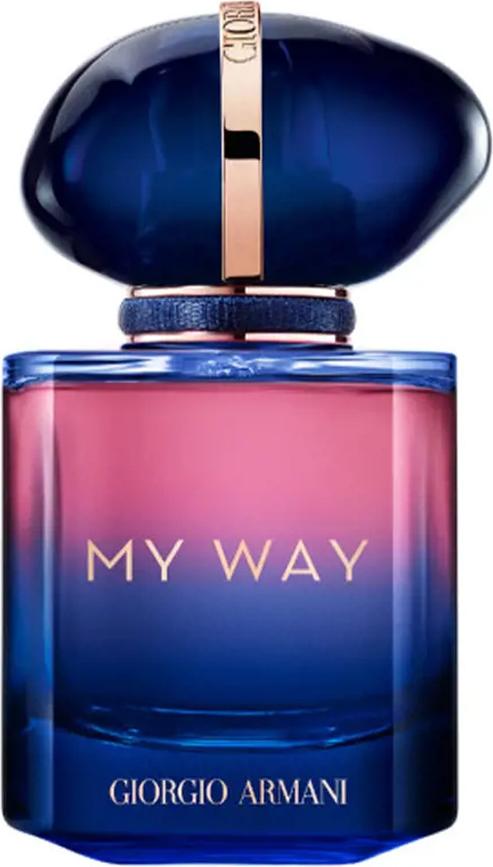 Flacon perfum ARMANI My Way Parfum dla kobiet z eleganckim opakowaniem marki Armani na białym tle - intensywne perfumy kwiatowe