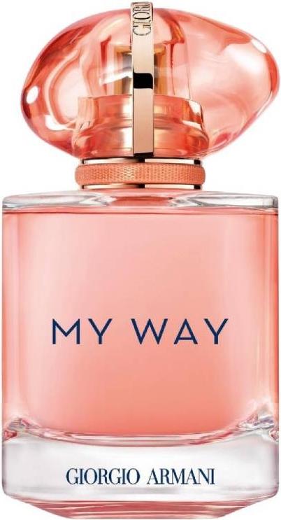 Flacon perfum ARMANI My Way Ylang Eau de Parfum na białym tle - elegancka butelka z logo marki Giorgio Armani i złotymi akcentami