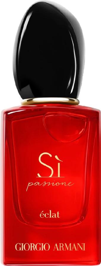 Flacon wody perfumowanej ARMANI Sì Passione Eclat w eleganckiej rubinowej buteleczce na białym tle z logo marki Giorgio Armani