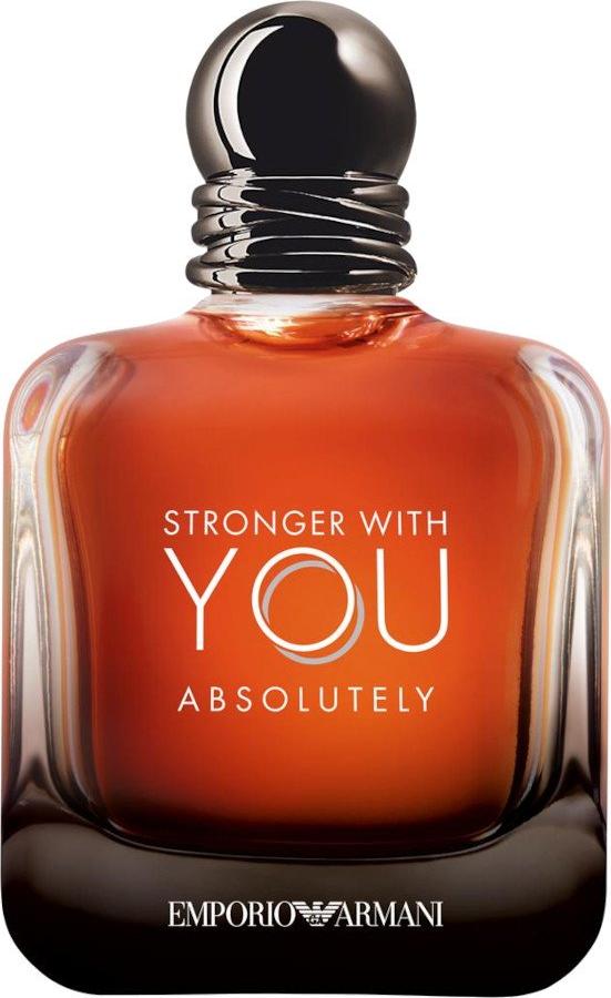 Flacon perfum ARMANI Emporio Stronger With You Absolutely dla mężczyzn na białym tle z eleganckim opakowaniem marki Armani Emporio