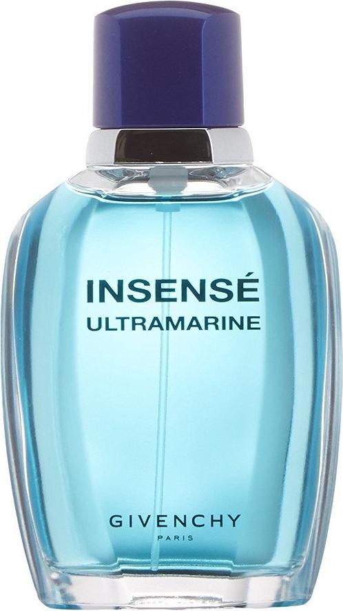 Flacon wody toaletowej Givenchy Insense Ultramarine 100ml dla mężczyzn na białym tle z niebieskim opakowaniem i logo marki Givenchy