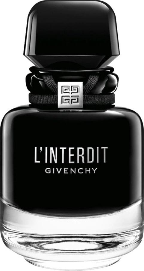 Givenchy L'Interdit Eau de Parfum Intense woda perfumowana 50ml w eleganckim czarnym flakonie na białym tle z logo marki Givenchy widocznym na butelce