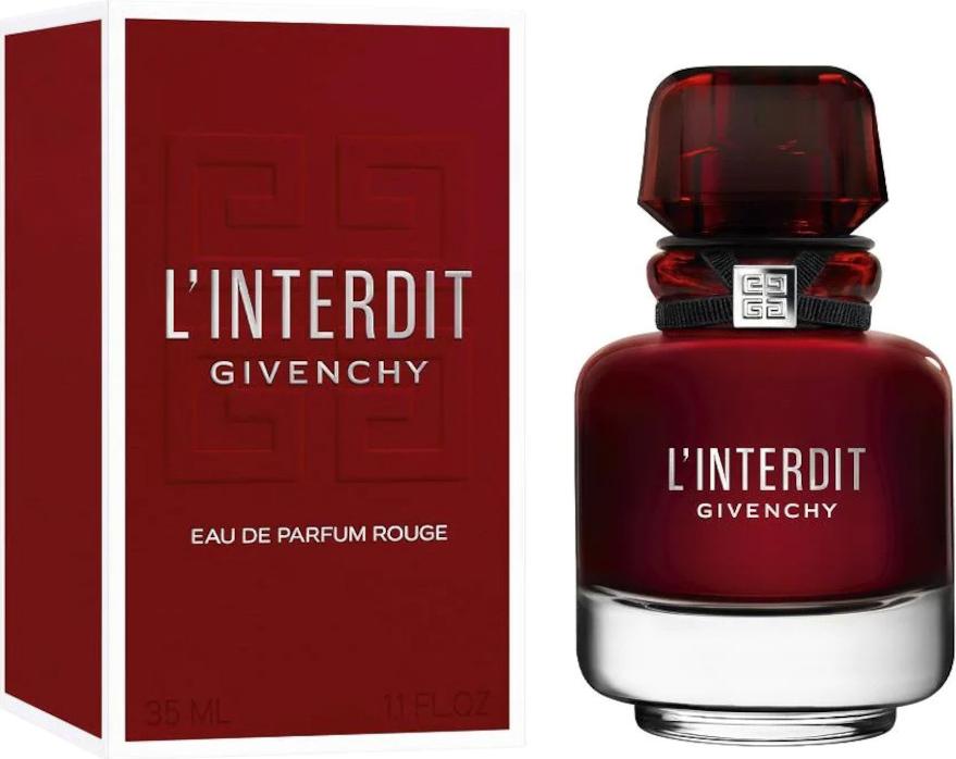 Givenchy L'Interdit Eau de Parfum Rouge woda perfumowana 80ml w ciemnoczerwonym flakonie na białym tle z eleganckim opakowaniem marki Givenchy