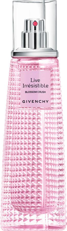 Elegancki flacon perfum Givenchy Live Irresistible Blossom Crush woda toaletowa 50ml na białym tle z logo marki i różową etykietą