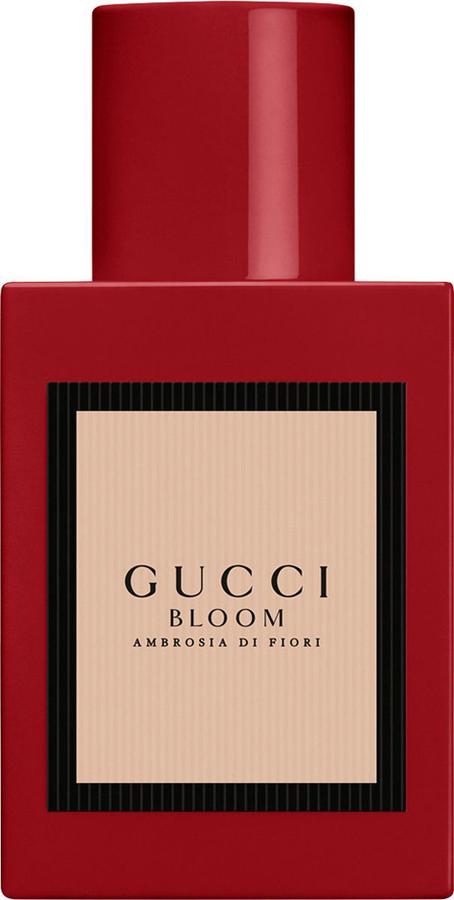 Elegancki flakon perfum Gucci Bloom Ambrosia di Fiori woda perfumowana 30ml na białym tle z charakterystycznym różowym designem marki Gucci