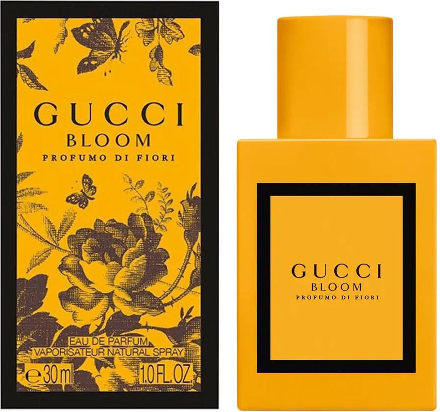 Flacon wody perfumowanej Gucci Bloom Profumo di Fiori 30ml na białym tle z eleganckim opakowaniem marki Gucci w kolorze różowym