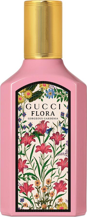 Gucci Flora Gorgeous Gardenia woda perfumowana w różowym flakonie z kwiatowym wzorem na białym tle - luksusowe perfumy damskie
