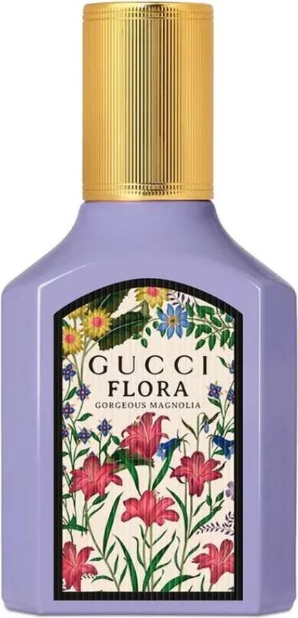 Flakon Gucci Flora by Gucci Gorgeous Magnolia woda perfumowana 30ml w fioletowym odcieniu na białym tle z eleganckim opakowaniem marki