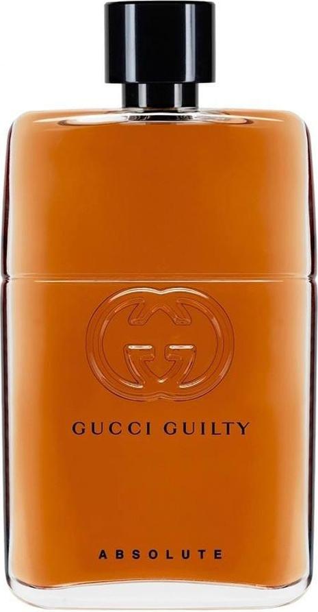 Flacon wody perfumowanej Gucci Guilty Pour Homme Absolute 90ml na białym tle z eleganckim opakowaniem marki Gucci w czarno-złotej kolorystyce