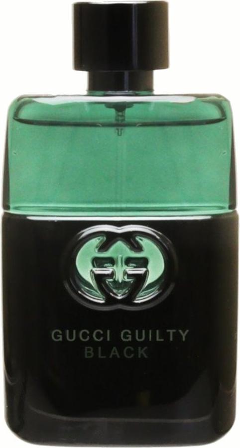 Flacon perfum Gucci Guilty Black pour Homme woda toaletowa 50ml w eleganckim czarno-zielonym opakowaniu na białym tle