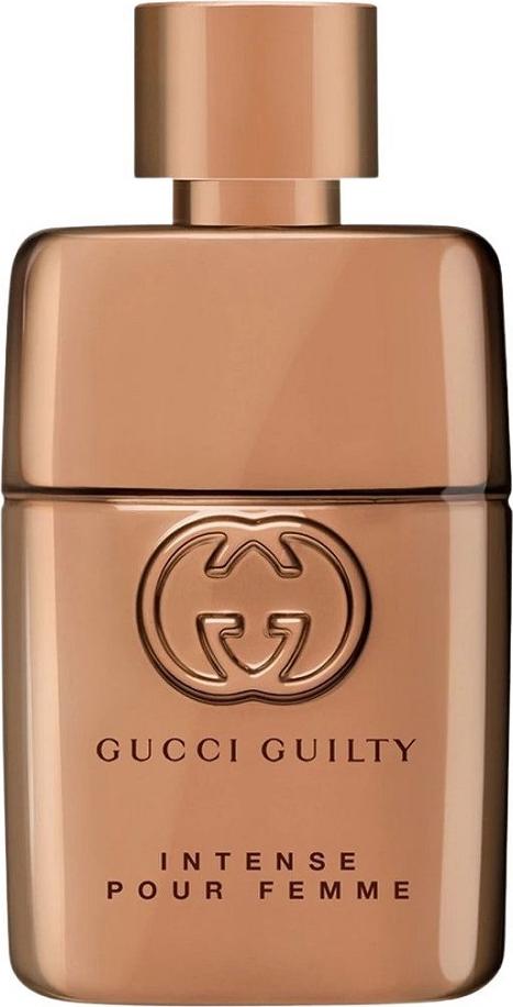 Flacon wody perfumowanej Gucci Guilty Pour Femme Intense 30ml na białym tle z eleganckim opakowaniem marki Gucci w kolorze złotym