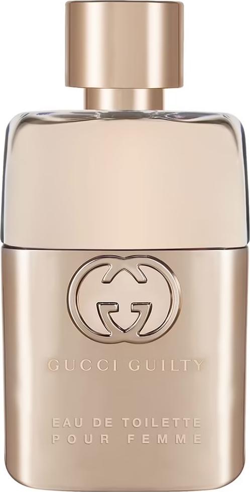 Flacon perfum Gucci Guilty Woda Toaletowa dla kobiet na białym tle z eleganckim opakowaniem marki Gucci w kolorze złotym