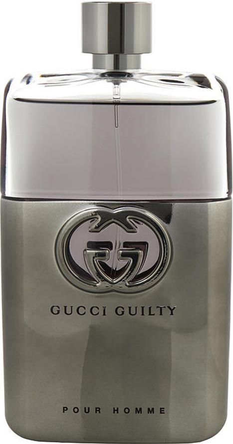 Flacon wody toaletowej Gucci Guilty pour Homme 150ml na białym tle z eleganckim opakowaniem marki Gucci w kolorze czarno-złotym