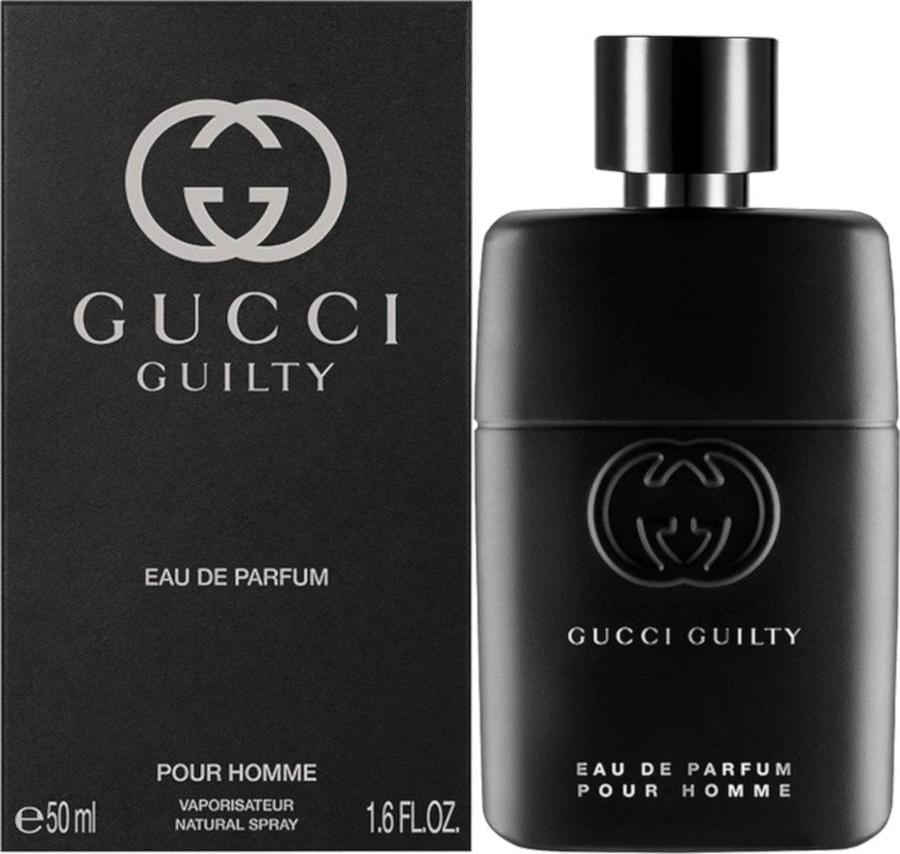 Flacon wody perfumowanej Gucci Guilty Pour Homme 50ml na białym tle z eleganckim opakowaniem marki Gucci w stylu retro