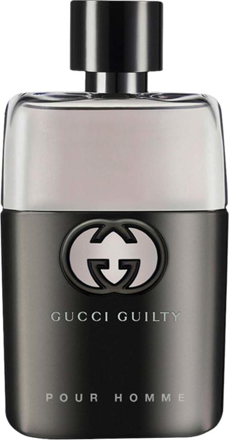 Flacon Gucci Guilty pour Homme woda toaletowa 50ml ze szkła i metalu na białym tle - eleganckie perfumy męskie marki Gucci w luksusowym opakowaniu