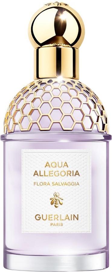 Flakon perfum Guerlain Aqua Allegoria Flora Salvaggia woda toaletowa 75ml w eleganckim fiołkowym opakowaniu na białym tle