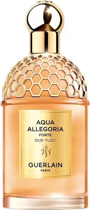 Flacon perfum GUERLAIN Aqua Allegoria Forte Oud Yuzu woda perfumowana z eleganckim opakowaniem marki Guerlain na białym tle