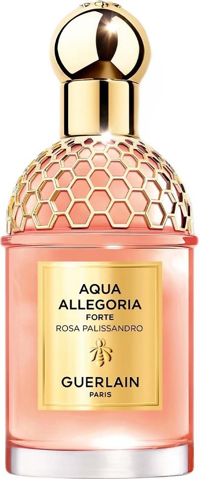 Flacon wody perfumowanej GUERLAIN Aqua Allegoria Forte Rosa Palissandro z eleganckim opakowaniem marki na białym tle - perfumy damskie