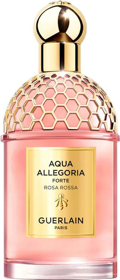Flacon perfum GUERLAIN Aqua Allegoria Forte Rosa Rossa eau de parfum z eleganckim opakowaniem marki Guerlain na białym tle