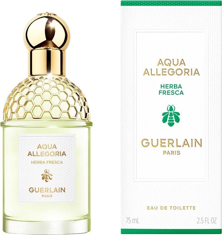Flacon perfum GUERLAIN Aqua Allegoria Herba Fresca Eau de Toilette w eleganckiej butelce z naturalnym zapachem ziół i mięty dla kobiet i mężczyzn