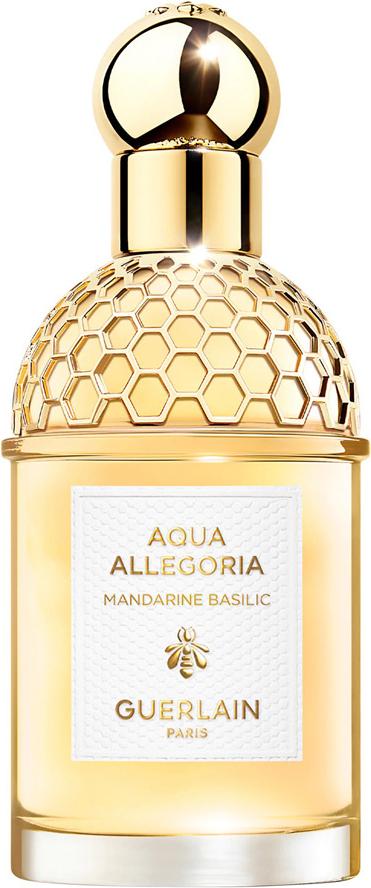 Flacon perfum GUERLAIN Aqua Allegoria Mandarine Basilic eau de toilette z mandarynką i bazylią w eleganckiej butelce na białym tle