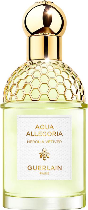 Flacon perfum GUERLAIN Aqua Allegoria Nerolia Vetiver eau de toilette z kalabryjskim neroli i wetywerią na białym tle z opakowaniem