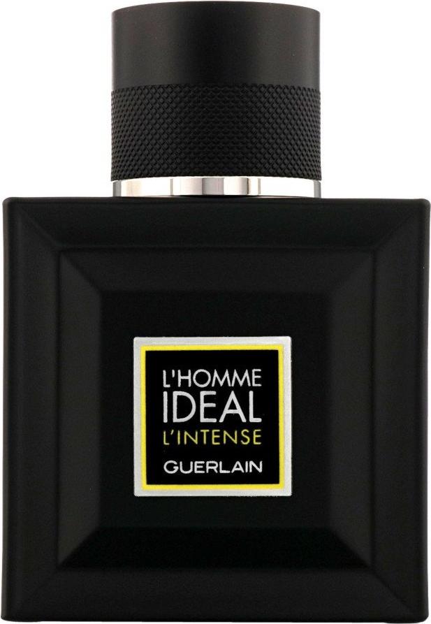 Flakon GUERLAIN L'Homme Idéal Intense woda perfumowana dla mężczyzn w czarnej lakierowanej butelce z żółtą etykietą marki Guerlain