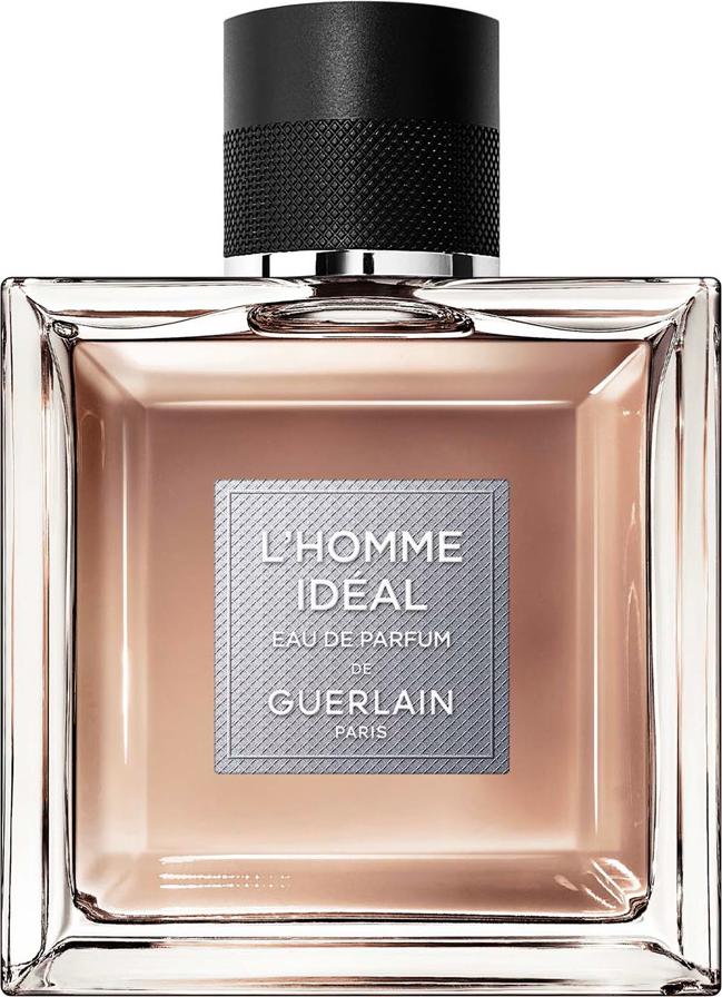 Flacon perfum Guerlain L'Homme Ideal Eau de Parfum 50ml na białym tle - elegancka butelka męskiej wody perfumowanej z logo marki Guerlain