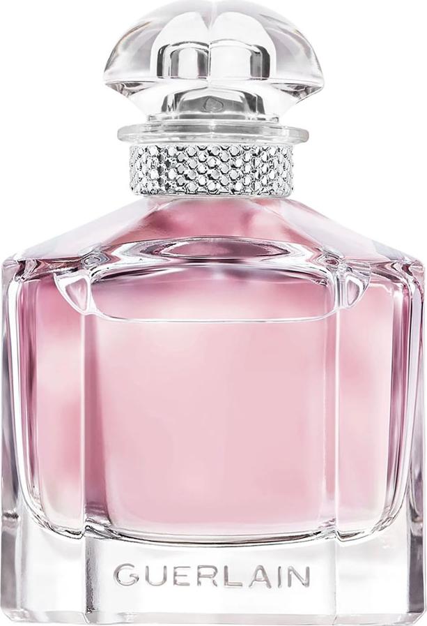 Flakon perfum GUERLAIN Mon Guerlain Sparkling Bouquet Eau de Parfum w ikonicznym kształcie quadrilobe na białym tle z eleganckim opakowaniem