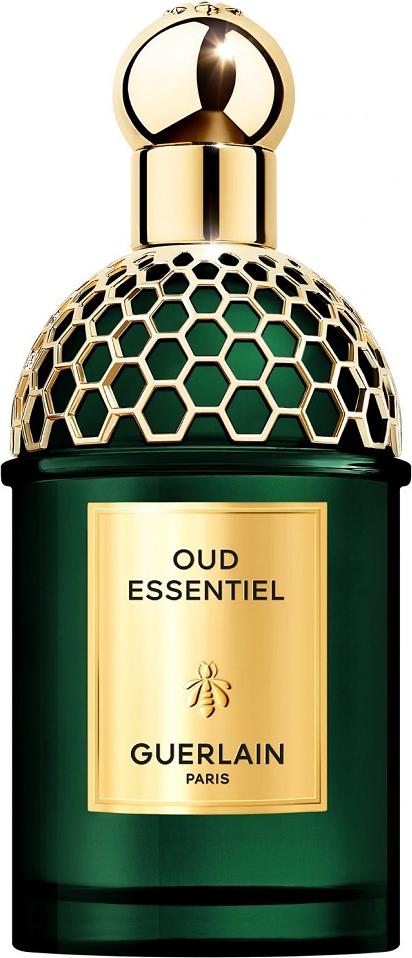 Flacon perfum GUERLAIN Absolus Allegoria Oud Essentiel Eau de Parfum z eleganckim opakowaniem marki Guerlain na białym tle