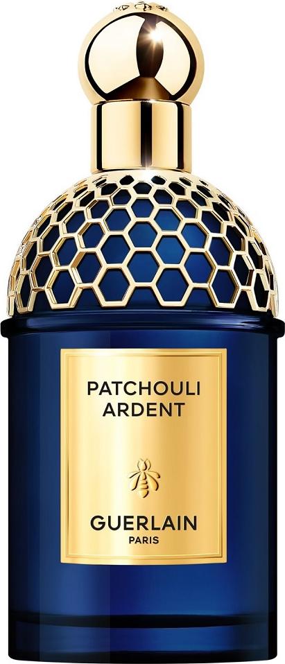 Flacon perfum GUERLAIN Absolus Allegoria Patchouli Ardent Eau de Parfum z eleganckim opakowaniem na białym tle - luksusowe perfumy