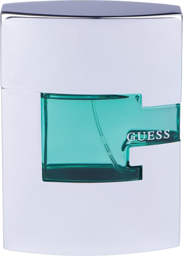 Flakon wody toaletowej Guess Man 75 ml ze stalowym korpusem na białym tle - męskie perfumy korzenno-drzewne marki Guess w eleganckiej butelce