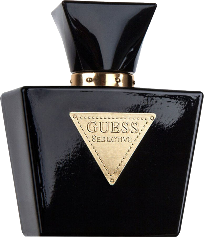 Guess Seductive Noir woda toaletowa 75ml w eleganckim czarnym flakonie ze złotymi detalami na białym tle - perfumy damskie