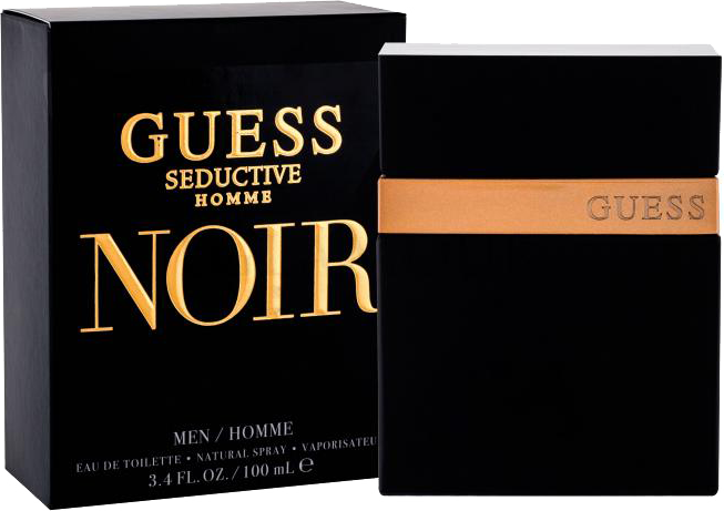 Flacon perfum Guess Seductive Homme Noir woda toaletowa 100ml w eleganckim czarnym opakowaniu na białym tle z logo marki Guess