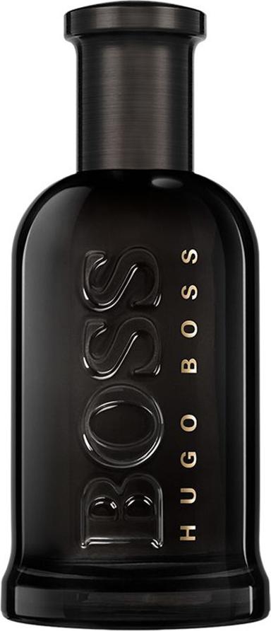 Flacon perfum HUGO BOSS Bottled Parfum dla mężczyzn na białym tle z eleganckim opakowaniem marki BOSS w ciemnej kolorystyce