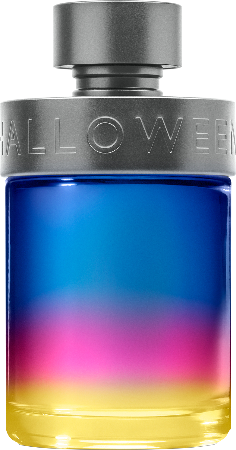 Flakon wody toaletowej J. del Pozo Halloween Man Hero 125ml z gradientowym designem, aromatyczno-wodne perfumy dla mężczyzn na białym tle