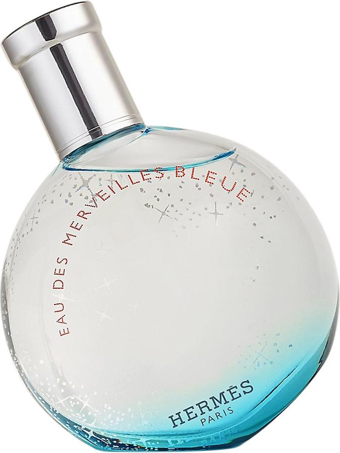 Flacon wody toaletowej Hermès Eau des Merveilles Bleue 30ml w gwiaździstym błękitnym opakowaniu z logo marki Hermès na białym tle