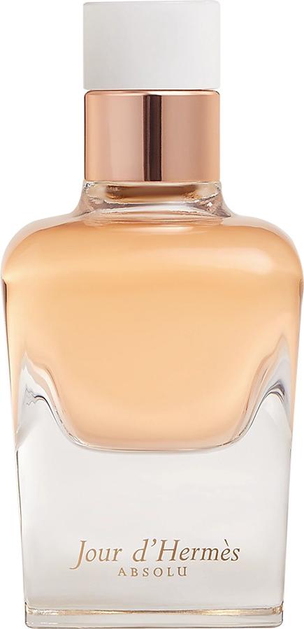 Flacon wody perfumowanej Hermes Jour d'Hermes Absolu 50ml w eleganckim opakowaniu marki Hermes na białym tle - kwiatowe perfumy damskie