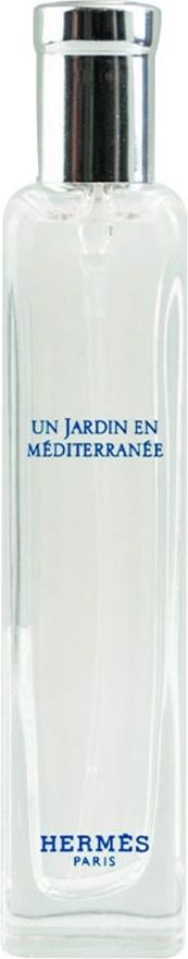Flacon wody toaletowej Hermes Un Jardin en Mediterranee 15ml z eleganckim opakowaniem marki Hermes na białym tle