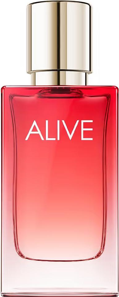 Flacon wody perfumowanej HUGO BOSS Alive Intense 30ml na białym tle z eleganckim opakowaniem marki Hugo Boss w kolorze różowym