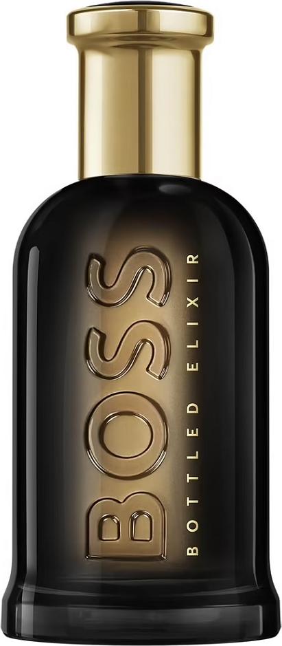 Flacon perfum HUGO BOSS Boss Bottled Elixir 100ml w eleganckiej butelce z logo marki, bursztynowo-drzewny zapach dla mężczyzn na białym tle