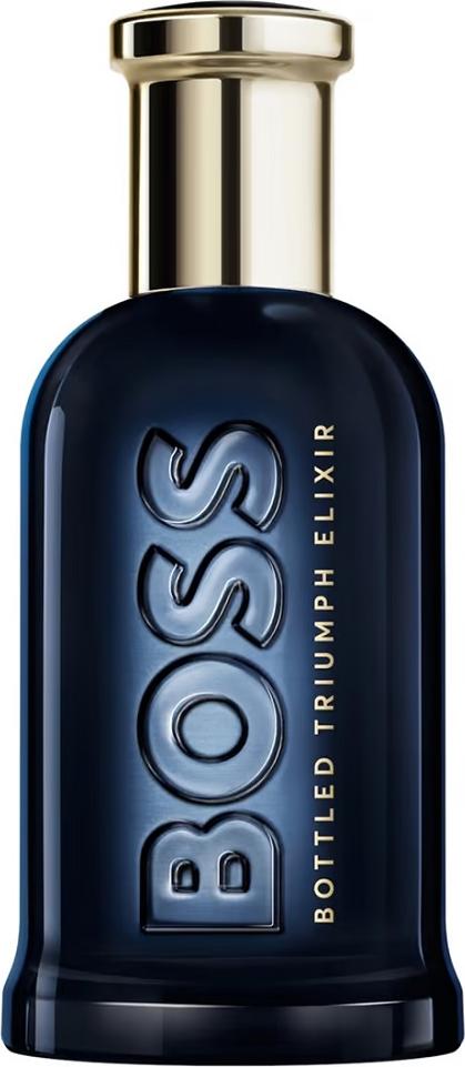 Flacon perfum Hugo Boss Boss Bottled Triumph Elixir 50ml dla mężczyzn na białym tle z eleganckim opakowaniem marki Hugo Boss