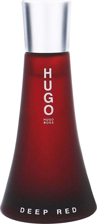 Flacon wody perfumowanej Hugo Boss Hugo Deep Red 50ml w głębokiej czerwieni na białym tle z eleganckim opakowaniem marki Hugo Boss