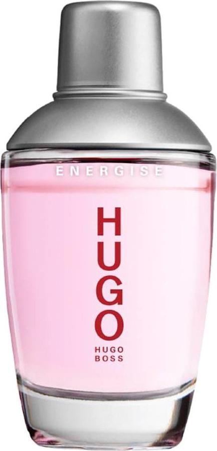 Flacon wody toaletowej Hugo Boss Hugo Energise 75ml dla mężczyzn na białym tle z charakterystycznym designem marki Hugo Boss