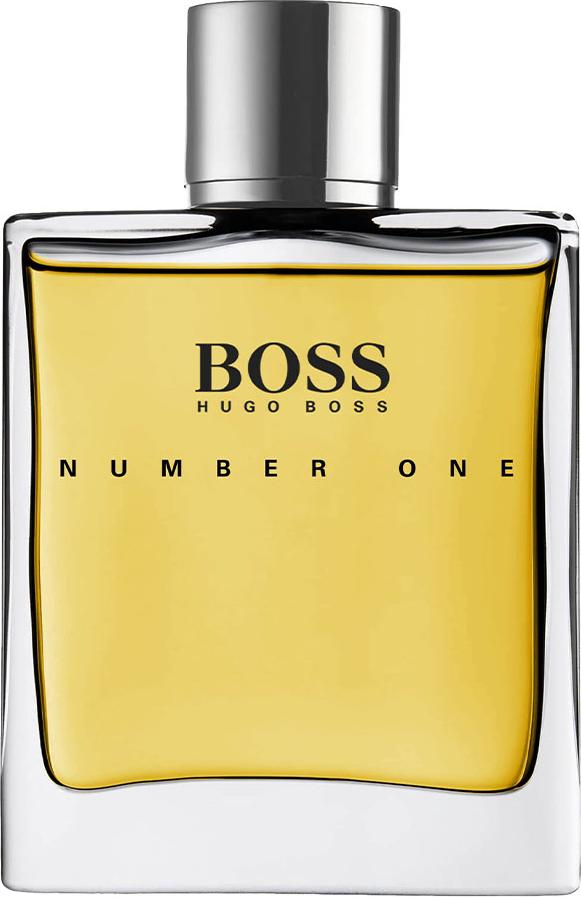 Flacon wody toaletowej Hugo Boss Boss Number One 100ml na białym tle - eleganckie męskie perfumy w stylowym opakowaniu marki Hugo Boss
