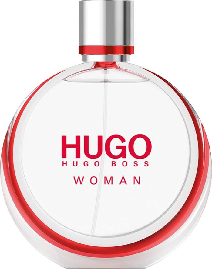 Flacon perfum HUGO BOSS Hugo Woman woda perfumowana 50ml na białym tle z eleganckim opakowaniem marki Hugo Boss w kolorze różowym