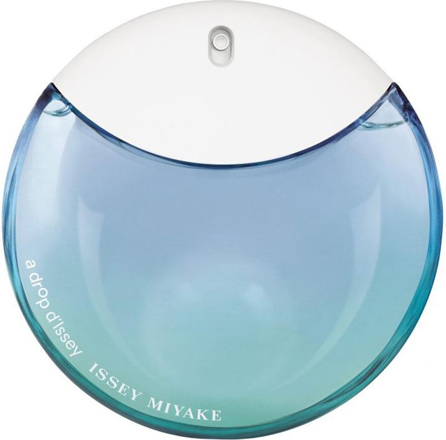 Flacon wody perfumowanej Issey Miyake A Drop d'Issey Fraiche w kształcie łezki z naturalnym zapachem dla kobiet na białym tle z logo marki
